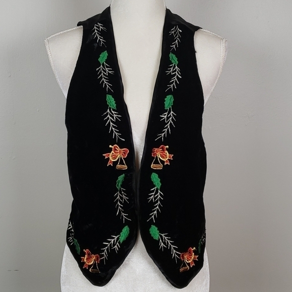 Vintage Christmas Vest Black Velvet Embroiderd - Picture 1 of 9